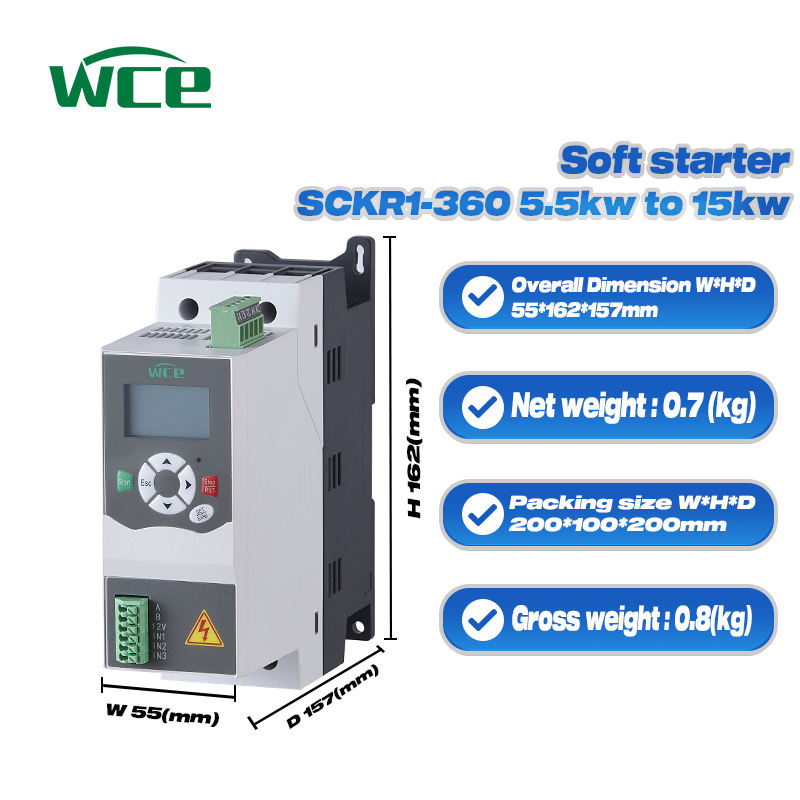 220V 380V 3 Phase 5.5KW 7.5KW 11KW 15KW Soft Starter for AC Motor, No Bypass Contactor, Compact Design