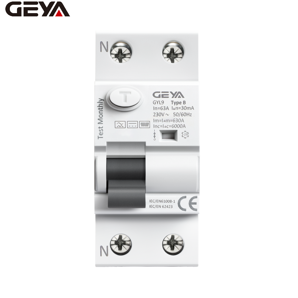 GEYA B Type RCCB Residual Current Circuit Breaker DC ELCB 2P 63 Amp 30mA Type B 10KA RCD for EV CHARGER