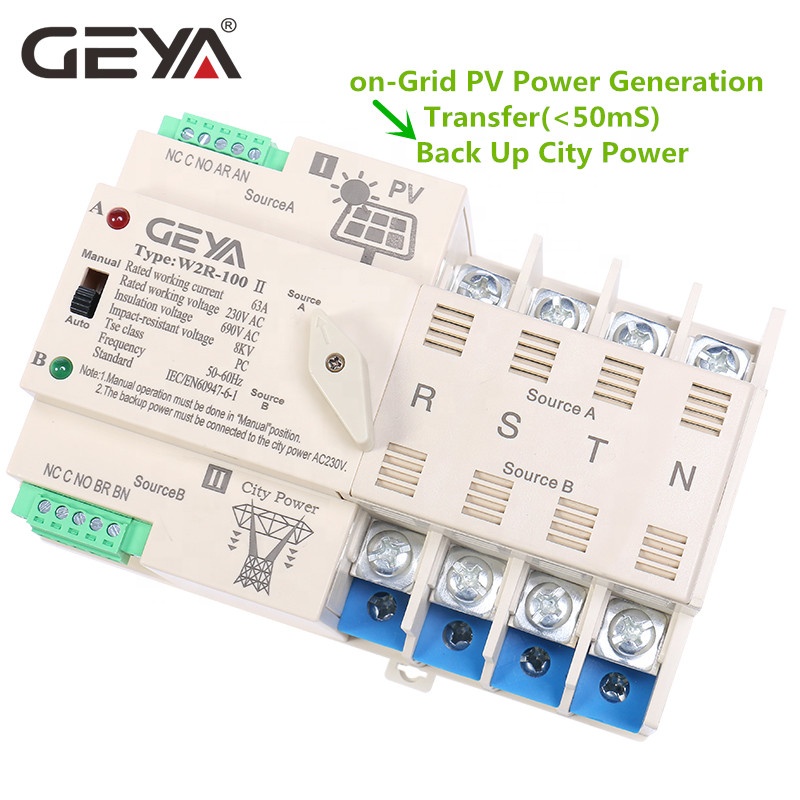 GEYA Grid PV System Power Transfer to City Power Dual Power Automatic Transfer Electrical Selector Switches Din Rail 4P 63A ATS